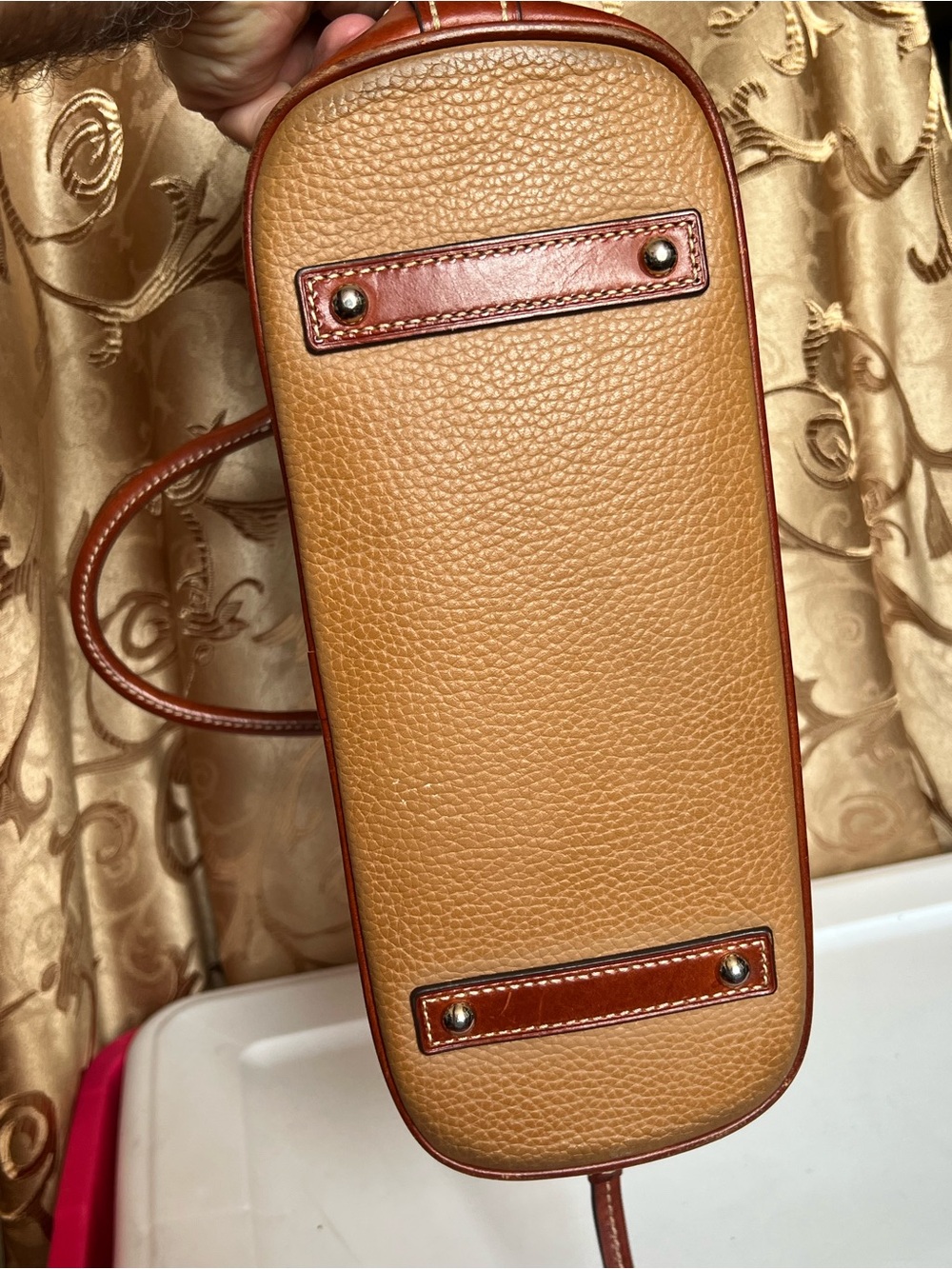 Dooney & Bourke Tan Pebble Leather Satchel crossbody with Brown Trim long strap - Picture 11 of 16